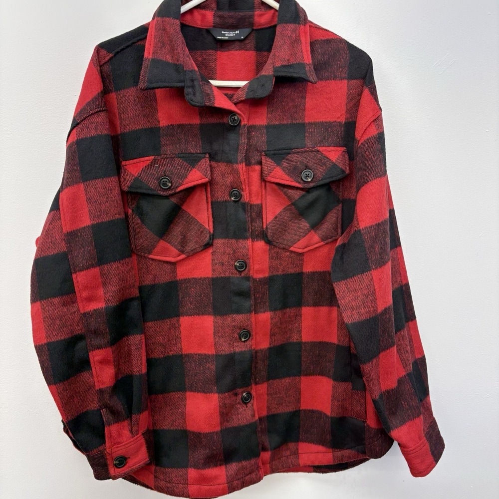 Member's Mark Shacket XL Red Black Buffalo Plaid Fleece Button Up Shirt Jacket